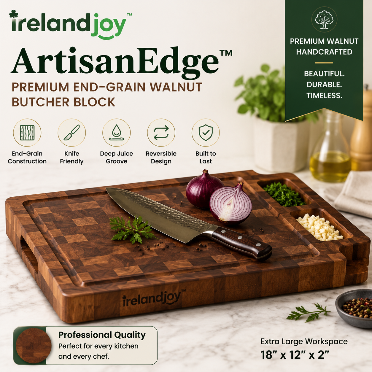 irelandjoy™ ArtisanEdge™ Premium End-Grain Walnut Butcher Block