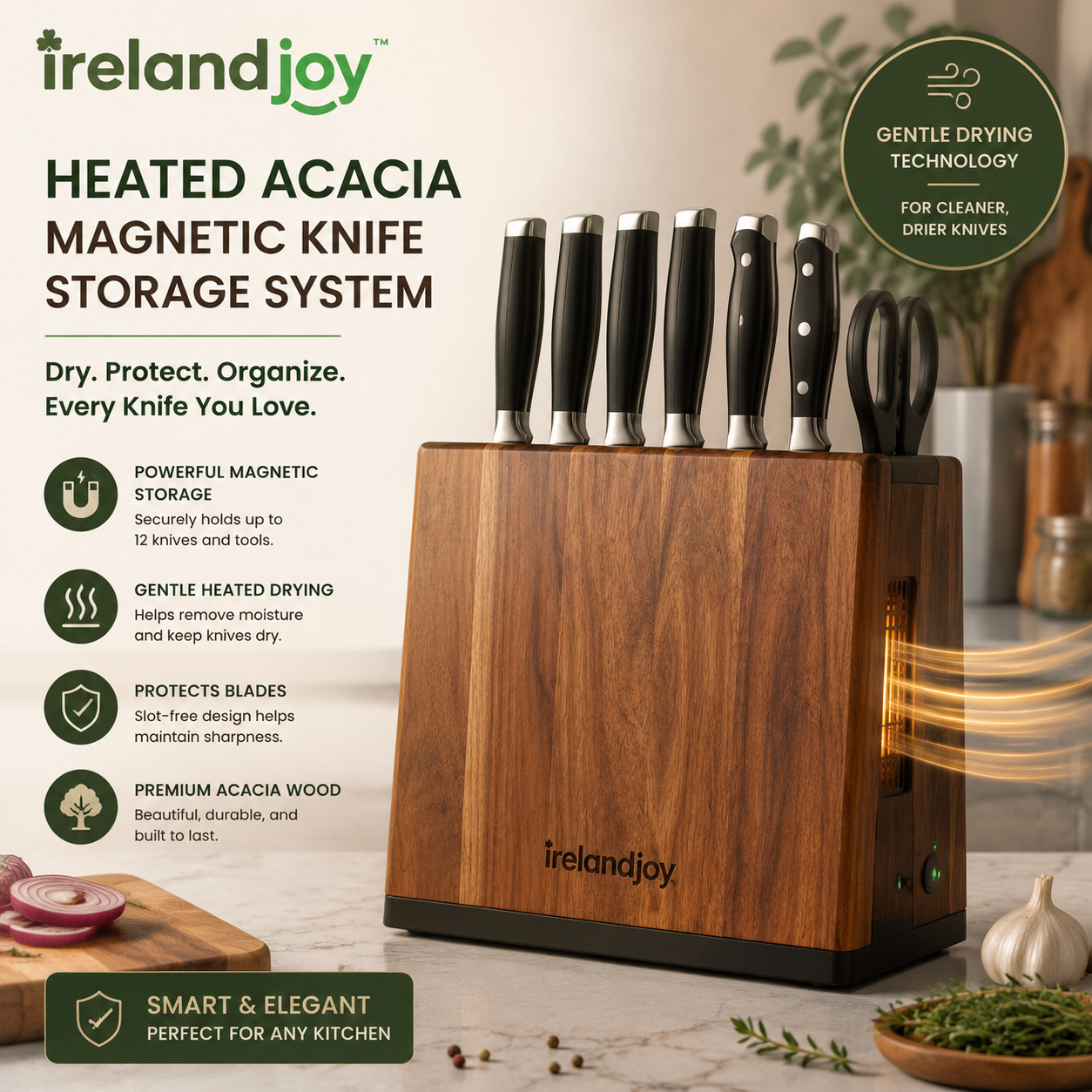 irelandjoy™ Heated Acacia Magnetic Knife Storage System